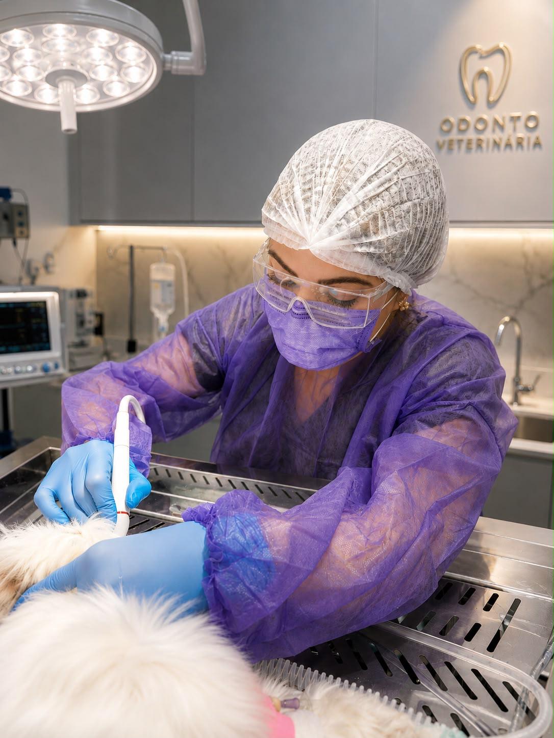 Dra. Mariana Vita realizando procedimento odontológico veterinário